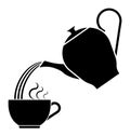 Icon silhouette of teapot for tea drinking pours hot water into cup. Breakfast utensils. Black and white vector Royalty Free Stock Photo