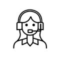 Icon of simple outline, call center headset, white background, black line art.