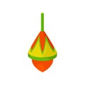 Flat vector icon of small pear-shaped spinning top. Children toy. Colorful plastic whirligig. Kids development game