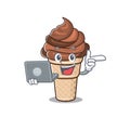 An icon of smart chocolate ice cream working with laptop