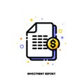 Icon of stacked paper documents pile with financial report for investment or banking services concept. Flat filled outline style