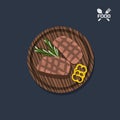 Icon of steak on a wooden plate. Top view. Restaurant dish. Meat food. Image of barbecue beefsteak