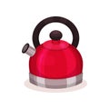 Icon of steel bright red kettle with brown handle. Kitchen utensil. Flat vector element for banner or poster of Royalty Free Stock Photo