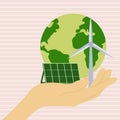 icon, sticker on the theme of saving and renewable energy with hand holding earth, planet, wind turbine and solar panel Royalty Free Stock Photo