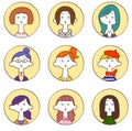 Icon of surprised facial expressions of nine young women surrounded by a circle 1