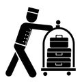 Icon, symbol bellboy pushing luggage trolley. bellboy in uniform, professional doorkeeper. Concierge occupation. Hotel employee.