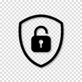 Icon or symbol of a shield with a opened padlock. Sign unlock on a transparent background. Vector illustration
