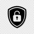 Icon or symbol of a shield with a opened padlock. Sign unlock on a transparent background. Vector illustration