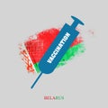 Icon syringe for vaccination, against the background of a flag of Belarus. Coronavirus COVID-19 vaccine. Isolated on a gray