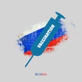 Icon syringe for vaccination, against the background of a flag of Russia. Coronavirus COVID-19 vaccine. Isolated on a gray