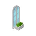 Tall arched window with gray frame and blue glass. Bright green grass in flower bed. Isometric vector design