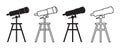 Icon of telescope for discovery. Spyglass with tripod in line style for astronomy discover. Watching of scope of space.