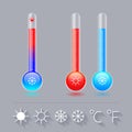 Icon thermometer set, cold, hot, and the sun Snowflake, Celsius and Fahrenheit. Royalty Free Stock Photo