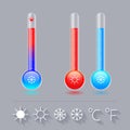 Icon thermometer set, cold, hot, and the sun Snowflake, Celsius and Fahrenheit.