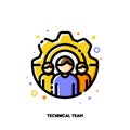 Icon of three persons on a background of gear as working process symbol for technical support or project development team