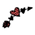 an icon of three red hearts pierced by an arrow. curved arrow with two black and bright red hearts, drawn in the