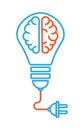 Icon on the topic is a good idea. a linear icon with two different brain hemispheres inside the bulb, from which there is a cord Royalty Free Stock Photo
