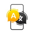 Icon for Translator App. Chat bubbles with language translation icon in smartphone. Multilingual online translator