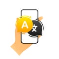 Icon for Translator App. Chat bubbles with language translation icon in smartphone. Multilingual online translator