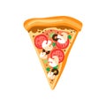 Triangle pizza slice with fresh vegetables and crispy crust. Tasty fast food. Flat vector element for cafe or pizzeria