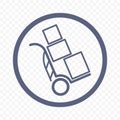 Icon trolley with cargo. A simple linear image of a two-wheeled trolley with drawers. Isolated vector on transparent