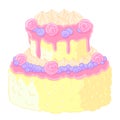 Icon two-level delicious wedding cake in cartoon style. Lemon-vanilla cream, candies and blueberries in the design.
