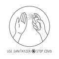 Icon use hand sanitizer here line sign vector
