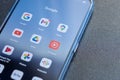 Madrid, Spain. 10-17-2021: Google services icons on the screen smartphone. Google aplications android. Royalty Free Stock Photo