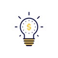 icon vector concept of basic and regular light bulb shining and glowing with dollar symbol in simple linear style. Can used for