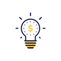 icon vector concept of basic and regular light bulb shining and glowing with dollar symbol in simple linear style. Can used for