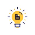 icon vector concept of basic and regular light bulb shining and sparkling with notes above in simple line style. Can used for