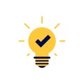 icon vector concept of check symbol for verified or approved with basic or regular sparkling light bulb. Can used for social media