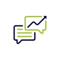 icon vector concept of two stacked comments, question and answer or complaint response, chart arrows up for growth and progress.