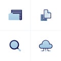 Icon vector of file and document storage folder, two stacked documents, magnifying glass, network cloud server. Can be used for
