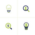 Icon vector of lamps and ideas, looking for user profiles with a magnifying glass, seeking money and profits, ideas in human