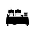 Icon vector, a table, two barbecues, empty plates, a teapot, used in a cafe, black color on a white background