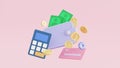 Icon Wallet, banknotes, coins float, Credit card with and calculator Budget management concept. Royalty Free Stock Photo