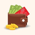 Icon wallet with cash and credit card. Vector illustration.