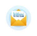 Icon with welcome team for banner design. Business communication vector banner. Cartoon font. Royalty Free Stock Photo