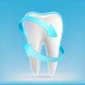 Icon white human tooth with blue arrows. Care and whitening. Royalty Free Stock Photo