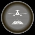 Icon white landing plane on gray plate black background.