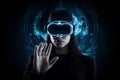 concept woman glasses virtual business headset technology line future digital reality. Generative AI. Royalty Free Stock Photo