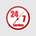 Icon of working hours 24 hours 7 days a week with the image of a clock isolated on a gray background.