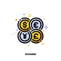 Icon of world coins for currency exchange concept. Flat filled outline style. Pixel perfect 64x64. Editable stroke