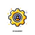 Icon of yellow gear with employee silhouette for human resources management concept. Flat filled outline style. Pixel perfect