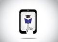 Icon of young student reading book with graduation cap in a tablet and a white hand silhouette touching