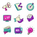 Set of Advertising icons with colorful hand drawn style