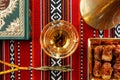 Iconic Abrian fabric tea and dates symbolise Arabian hospitality Royalty Free Stock Photo