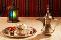 Iconic Abrian fabric tea and dates symbolise Arabian hospitality Royalty Free Stock Photo