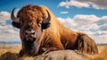 Iconic American Bison Resting On Rock In Pop Culture Style